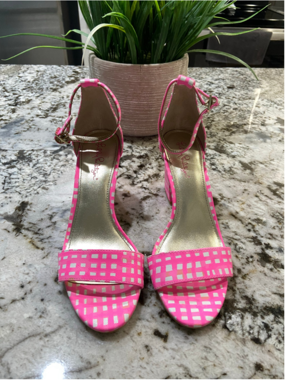 Lilly Pulitzer, pink and white gingham pattern heels, size 6.5